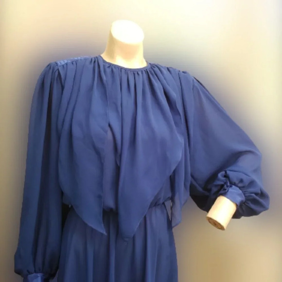 Retro Blue Chiffon  long sleeve dress - Picture 4 of 7